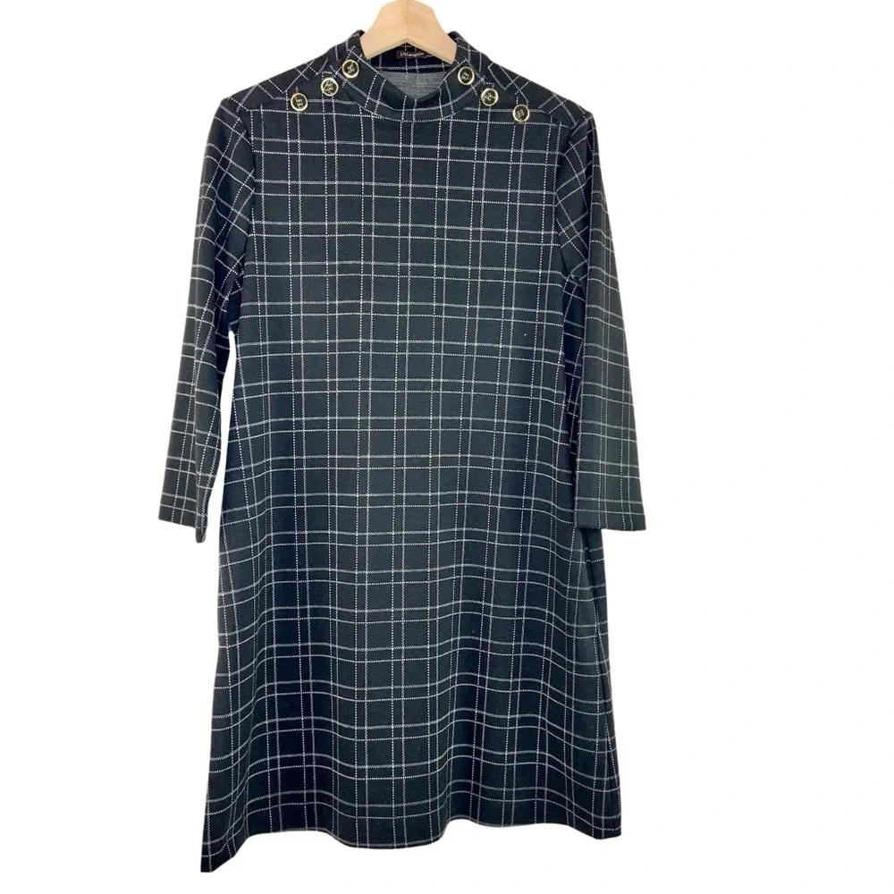 Jmclaughlin Long Sleeve Black Windowpane Mare Mockneck Dress - Picture 2 of 6
